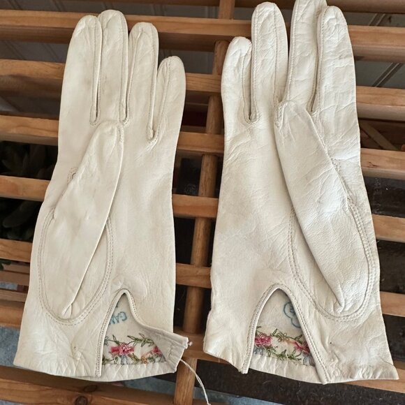Vintage Gant Perrin White Leather Gloves With Floral Embroidery & Lined Interior - Picture 2 of 8